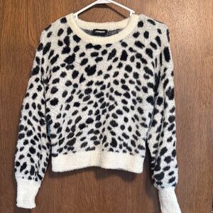 Express Cream and Black Fuzzy Leopard Crewneck Sweater